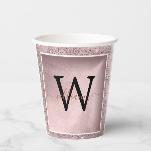 Rose Gold Glitzer Script Monogram Pappbecher (Vorderseite)