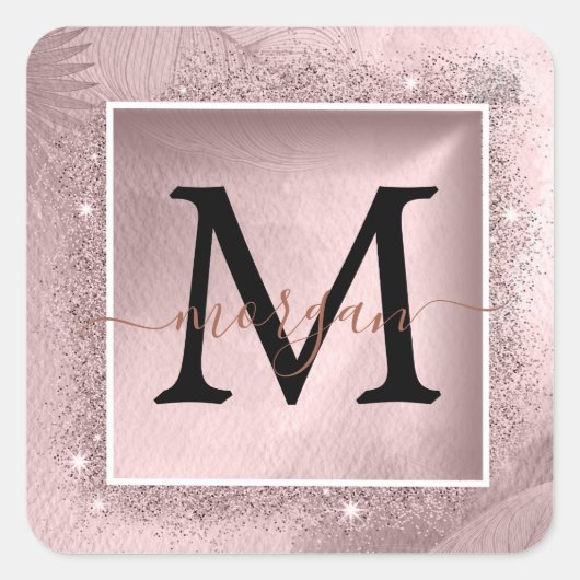 Rose Gold Glitzer Script Monogram Quadratischer Aufkleber (Vorderseite)