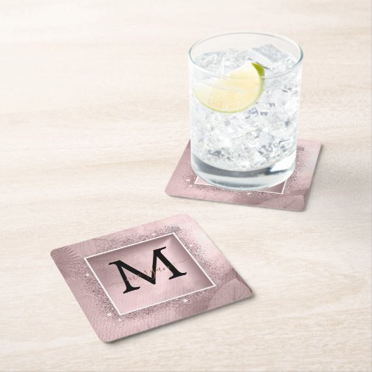 Rose Gold Glitzer Script Monogram Rechteckiger Pappuntersetzer (Vor Ort)