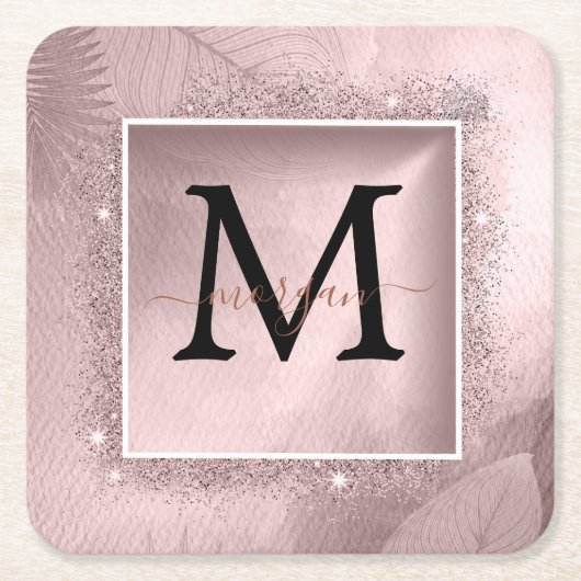 Rose Gold Glitzer Script Monogram Rechteckiger Pappuntersetzer (Vorderseite)