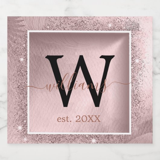 Rose Gold Glitzer Script Monogram Schaumweinetikett (Einzelnes Label)