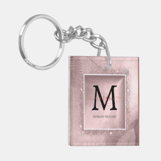 Rose Gold Glitzer Script Monogram Schlüsselanhänger (Vorderseite links)