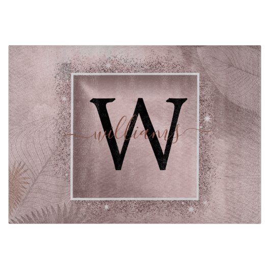 Rose Gold Glitzer Script Monogram Schneidebrett (Vorderseite)