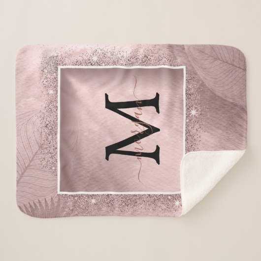 Rose Gold Glitzer Script Monogram Sherpadecke (Vorderseite (Horizontal))