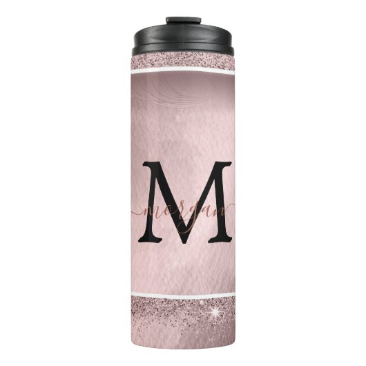 Rose Gold Glitzer Script Monogram Thermosbecher (Vorderseite)