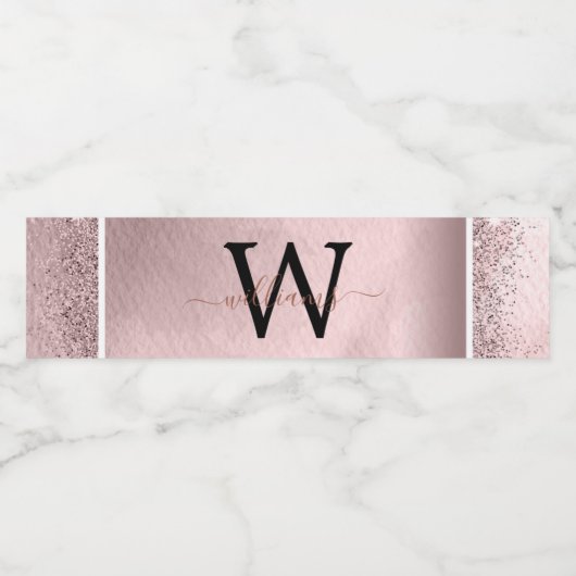 Rose Gold Glitzer Script Monogram Wasserflaschenetikett (Einzelnes Label)
