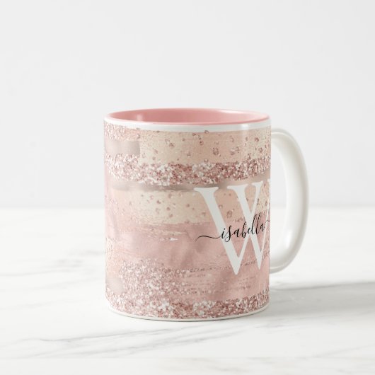 Rose Gold Glitzer Script Monogram Zweifarbige Tasse (VorderseiteRechts)