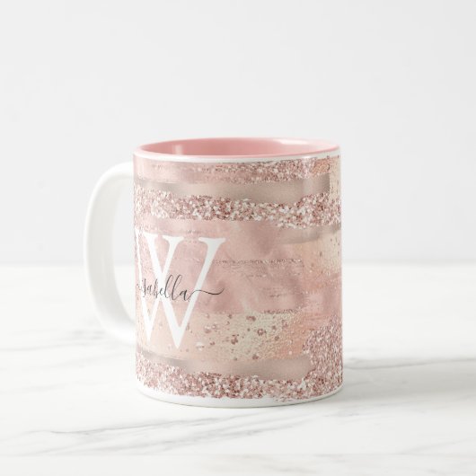 Rose Gold Glitzer Script Monogram Zweifarbige Tasse (Vorderseite Links)