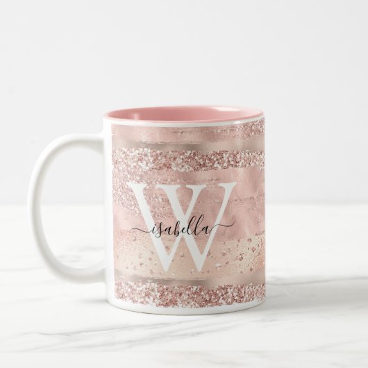 Rose Gold Glitzer Script Monogram Zweifarbige Tasse (Links)