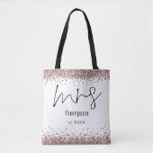 Rose Gold Glitzer Script Mrs. Name Date Bride Tasche (Vorderseite)