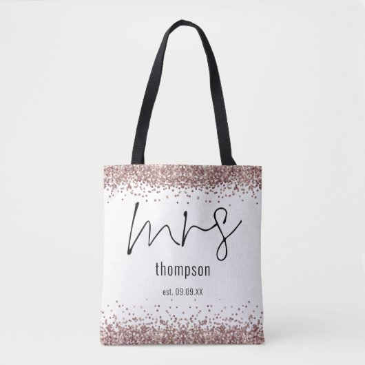 Rose Gold Glitzer Script Mrs. Name Date Bride Tasche (Vorderseite)
