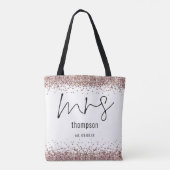Rose Gold Glitzer Script Mrs. Name Date Bride Tasche (Rückseite)