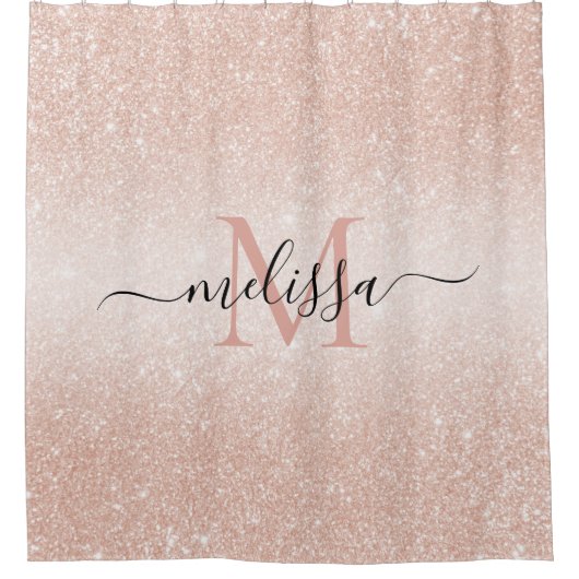 Rose Gold Glitzer Script Name Monogram Duschvorhang (Vorderseite)