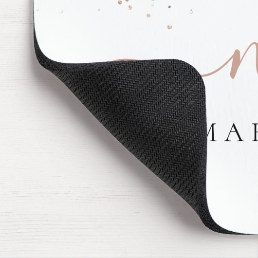 Rose Gold Glitzer Script Name Monogram Initial Mousepad (Ecke)