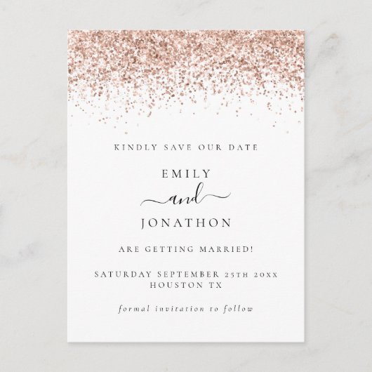 Rose Gold Glitzer Script Save the Date Elegant Ankündigungspostkarte (Vorderseite)