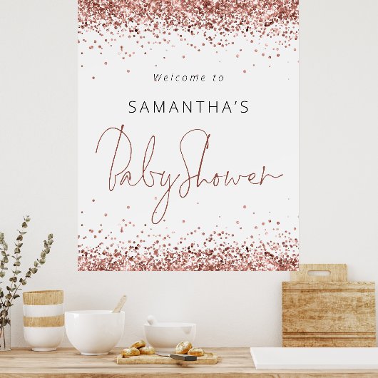 Rose Gold Glitzer Script Willkommen bei Baby Showe Poster (Küche)