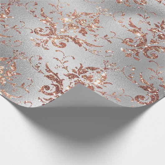 Rose Gold Glitzer Scroll Arbeiten an Grau Geschenkpapier (Ecke)