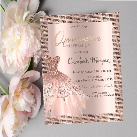 Rose Gold Glitzer Sequins Frame Dress Quinceañera Einladung