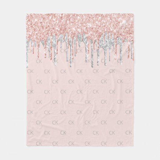 Rose Gold Glitzer silber rosa Monogramm Fleecedecke (Vorderseite)