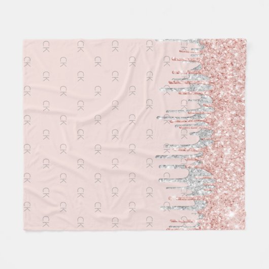 Rose Gold Glitzer silber rosa Monogramm Fleecedecke (Vorderseite (Horizontal))