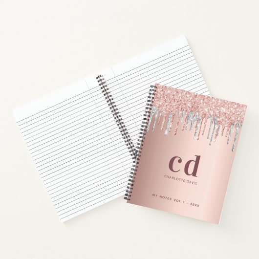 Rose Gold Glitzer Silberblüte Monogramm Initialen Notizblock (Innenseite)