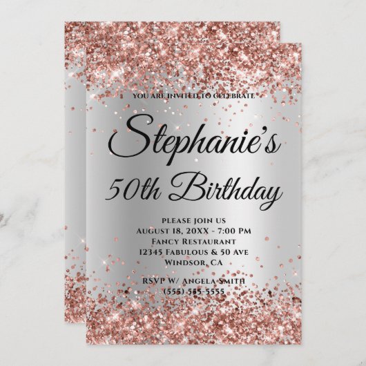 Rose Gold Glitzer Silver Gradient Einladung (Vorne/Hinten)