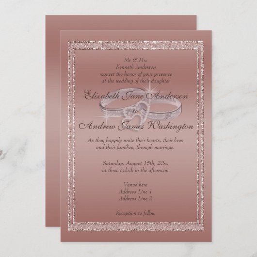 Rose Gold Glitzer & Silver Wedding Rings Einladung (Vorne/Hinten)