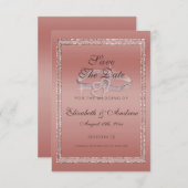 Rose Gold Glitzer & Silver Wedding Rings Save The Date (Vorne/Hinten)