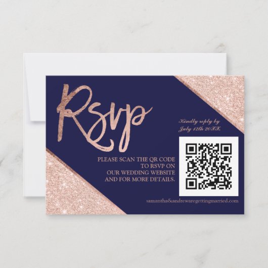 Rose Gold Glitzer Skript Blue QR-Code uAwg Hochzei RSVP Karte (Vorderseite)