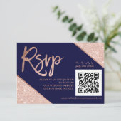 Rose Gold Glitzer Skript Blue QR-Code uAwg Hochzei RSVP Karte (Stehend Vorderseite)