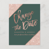 Rose Gold Glitzer Skript grün ändern Datum Ankündigungspostkarte (Vorderseite)