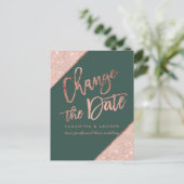 Rose Gold Glitzer Skript grün ändern Datum Ankündigungspostkarte (Stehend Vorderseite)
