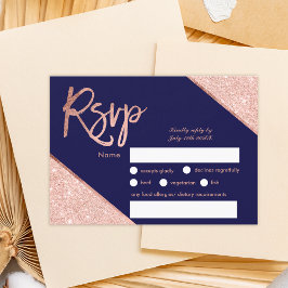 Rose Gold Glitzer Skript Marine Blue uAwg Hochzeit RSVP Karte