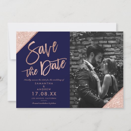Rose Gold Glitzer Skript Marine Save the Date blau (Vorderseite)
