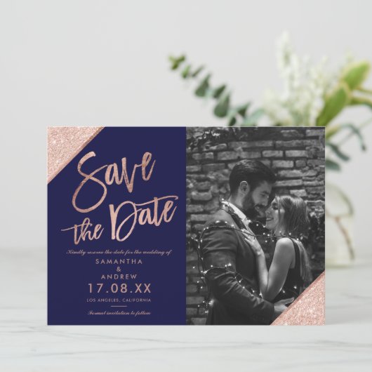 Rose Gold Glitzer Skript Marine Save the Date blau (Stehend Vorderseite)