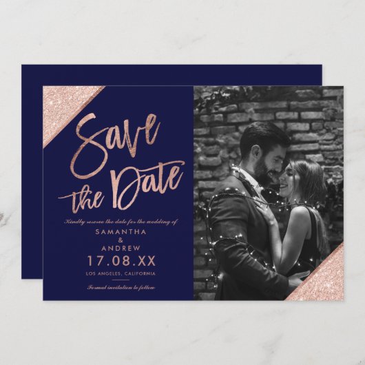 Rose Gold Glitzer Skript Marine Save the Date blau (Vorne/Hinten)