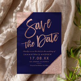 Rose Gold Glitzer Skript Marine Save the Date blau