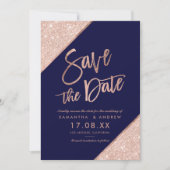 Rose Gold Glitzer Skript Marine Save the Date blau (Vorderseite)