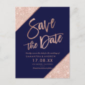 Rose Gold Glitzer Skript Marine Save the Date blau Ankündigungspostkarte (Vorderseite)