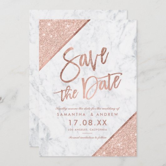 Rose Gold Glitzer Skript-Marmor Save the Date (Vorne/Hinten)