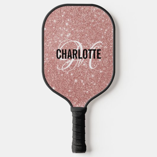 Rose Gold Glitzer Skriptname Monogramm Pickleball Schläger (Vorderseite)