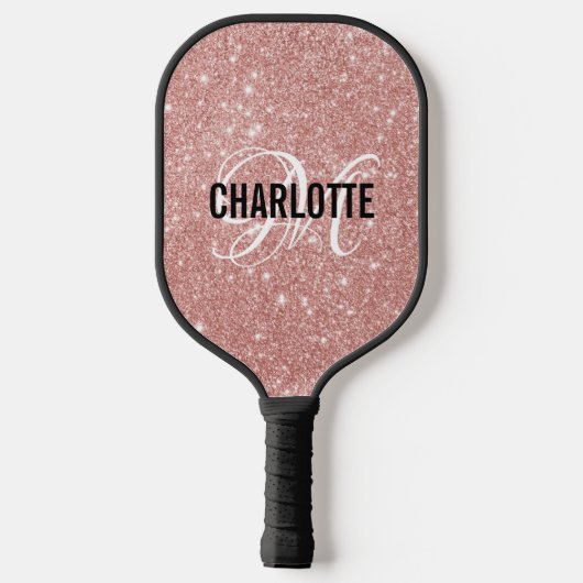 Rose Gold Glitzer Skriptname Monogramm Pickleball Schläger (Rückseite)