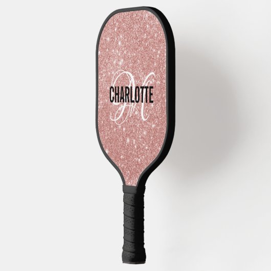 Rose Gold Glitzer Skriptname Monogramm Pickleball Schläger (Links)