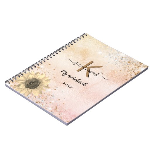 Rose Gold Glitzer Sonnenblume Monogramm Name Notizblock (Linke Seite)