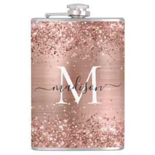 Rose Gold Glitzer Sparkle Monogram Bürstenstahl Flachmann