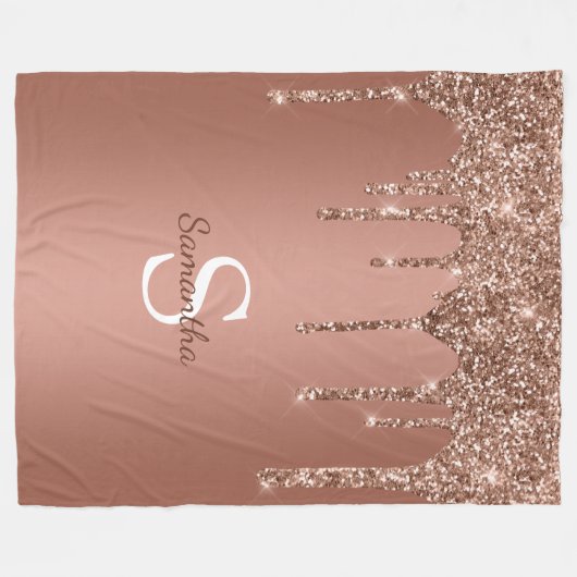 Rose Gold Glitzer Sparkle Tropfen Monogram Name Fleecedecke (Vorderseite (Horizontal))