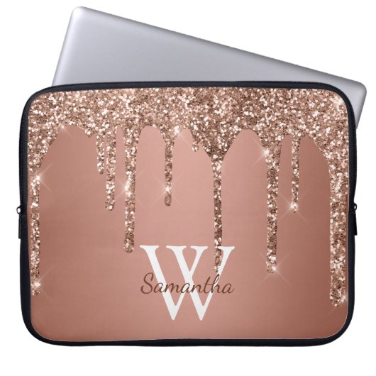 Rose Gold Glitzer Sparkle Tropfen Monogram Name Laptopschutzhülle (Vorderseite)