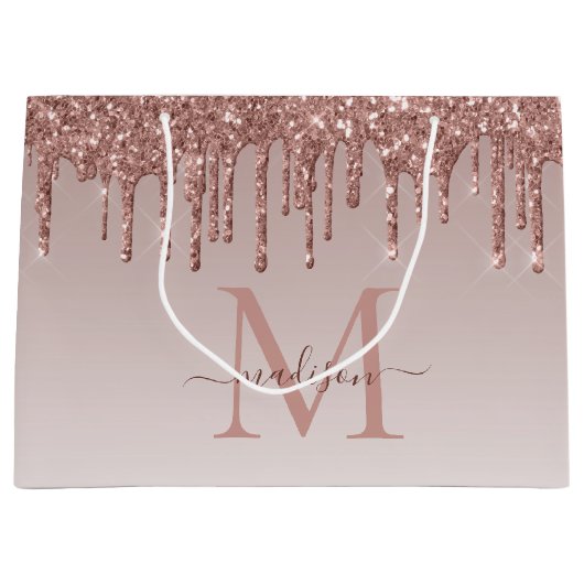 Rose Gold Glitzer Sparkle Tropfen Monogram Script Große Geschenktüte (Vorderseite)