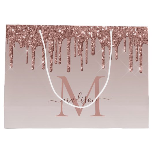 Rose Gold Glitzer Sparkle Tropfen Monogram Script Große Geschenktüte (Rückseite)