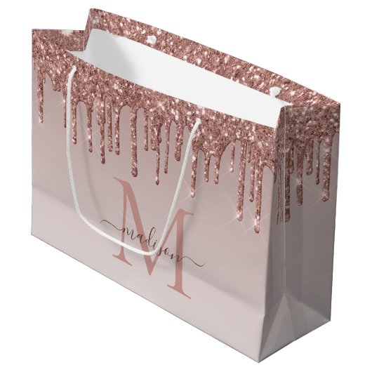 Rose Gold Glitzer Sparkle Tropfen Monogram Script Große Geschenktüte (Vorderseite Schrägansicht)